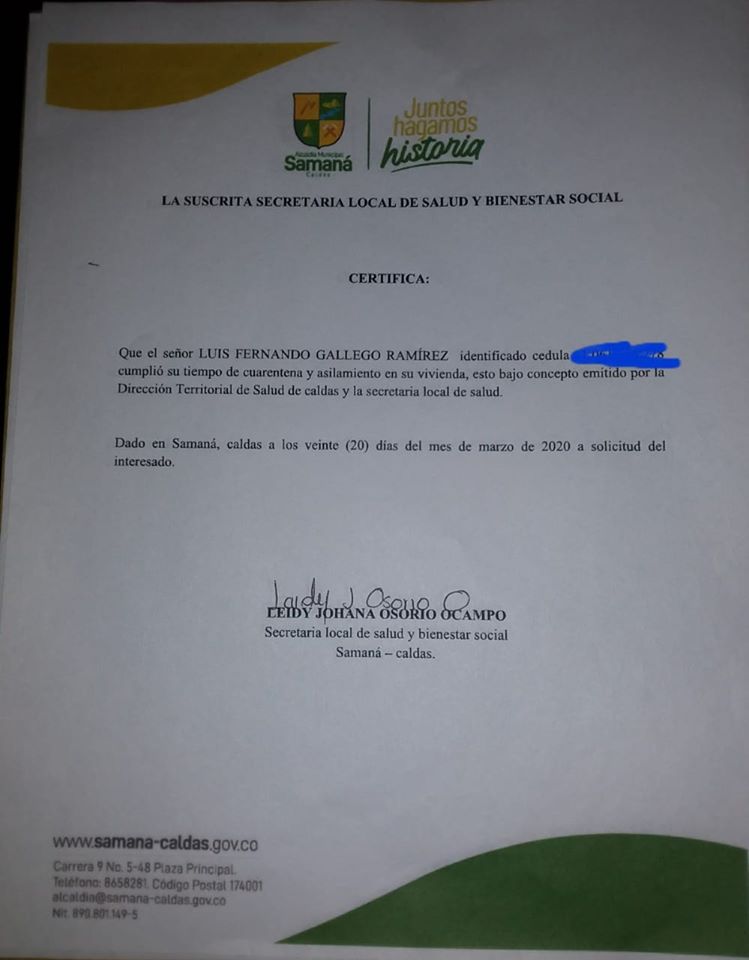 LICENCIADO LUIS FERNANDO GALLEGO PROVENIENTE DE M�XICO CUMPLIO CUARENTENA