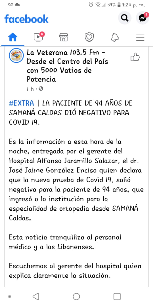 LA PACIENTE  EN EL HOSPITAL DE LIBANO, ORIUNDA DE SAMAN�  DI� NEGATIVO PARA COVID 19