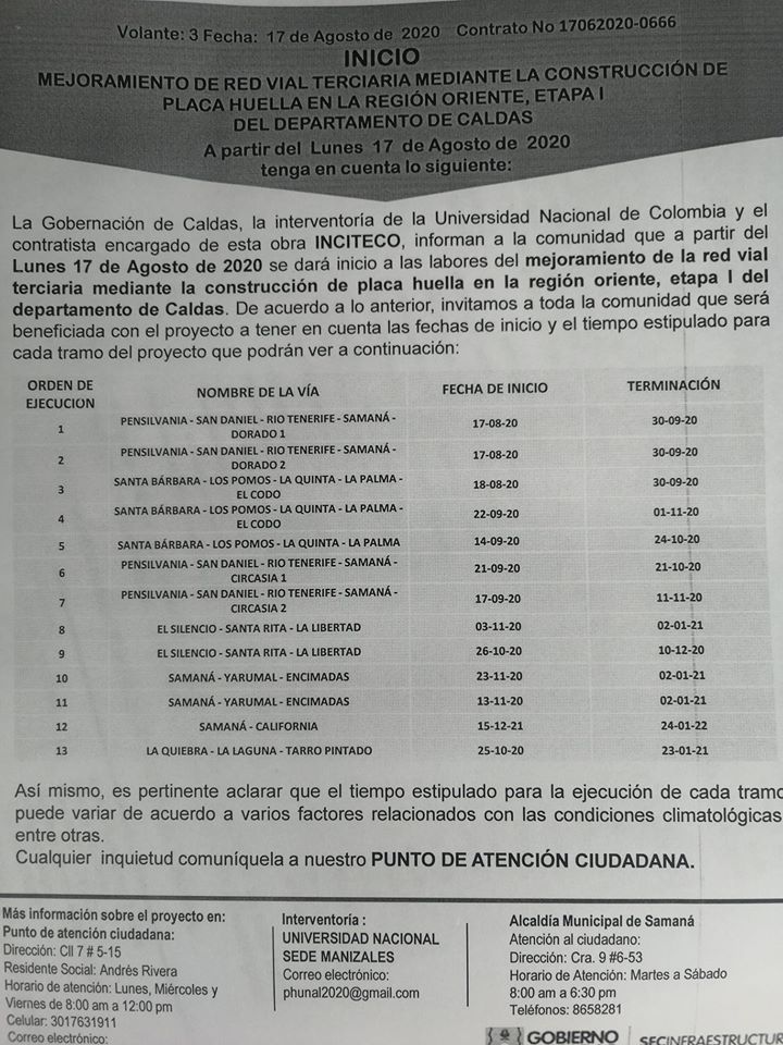 LABORES DE MEJORAMIENTO DE LA RED VIAL DEL ORIENTE DE CALDAS