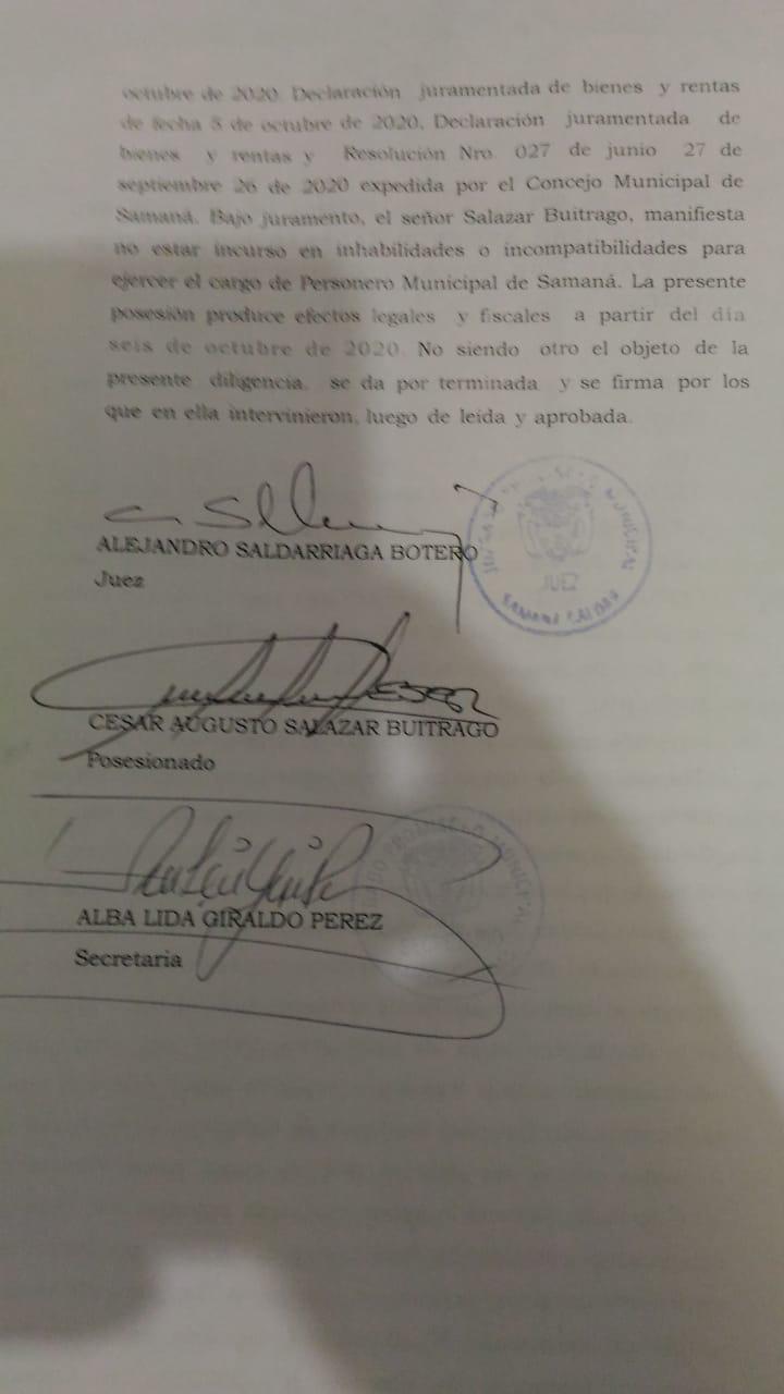 NUEVO PERSONERO DE SAMAN� C�SAR AUGUSTO SALAZAR BUITRAGO