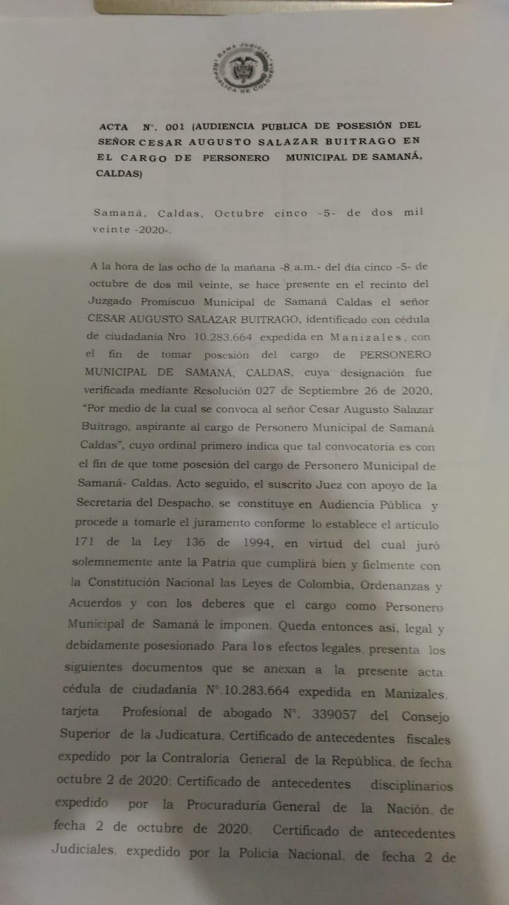 NUEVO PERSONERO DE SAMAN� C�SAR AUGUSTO SALAZAR BUITRAGO