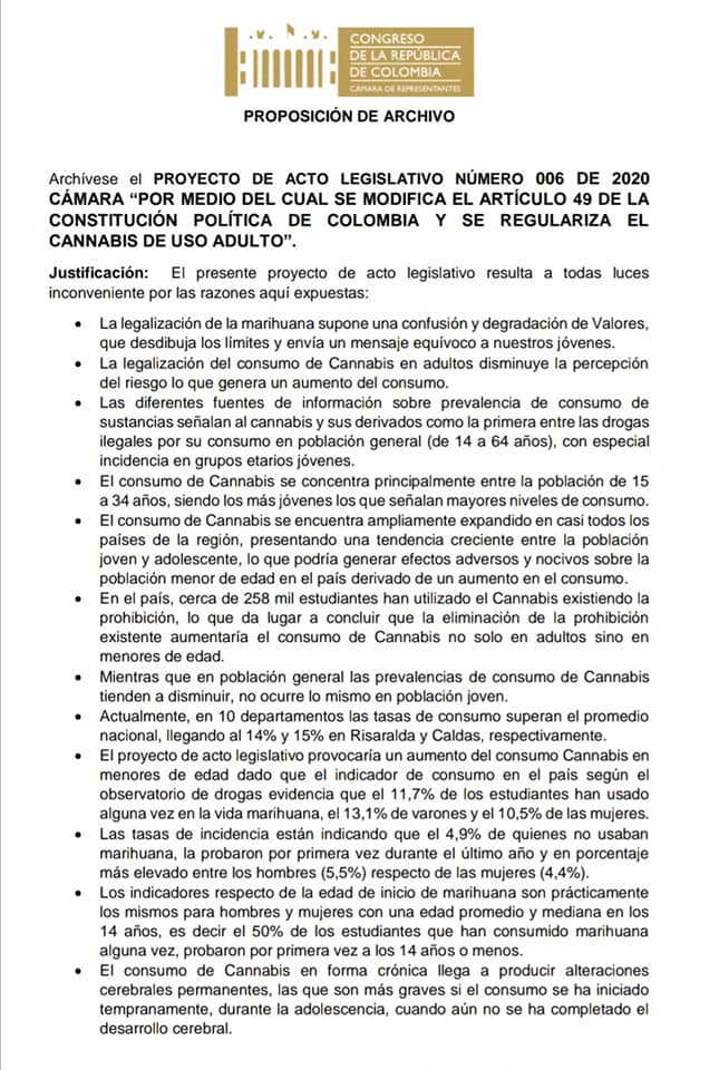 CON PROPOSICI�N DEL REPRESENTANTE ERWIN ARIAS SE ARCHIV� EL PROYECTO QUE BUSCABA LEGALIZAR LA MARIHUANA RECREATIVA 