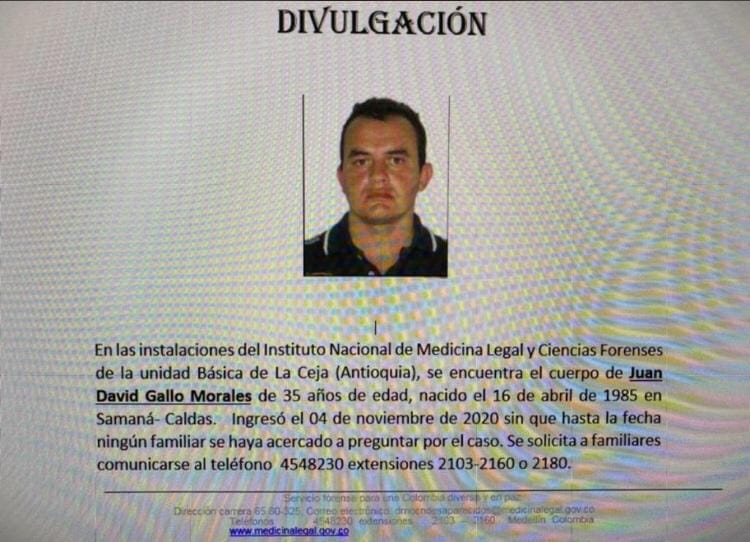 EN LA MORGUE DE LA CEJA ANTIOQUIA ESTA EL CUERPO DE JUAN DAVID GALLO MORALES