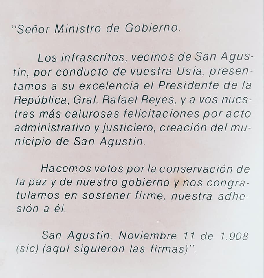 CARTA AGRADECIMINETO POR EREGIR A SAN AGUST�N COMO MUNICIPIO