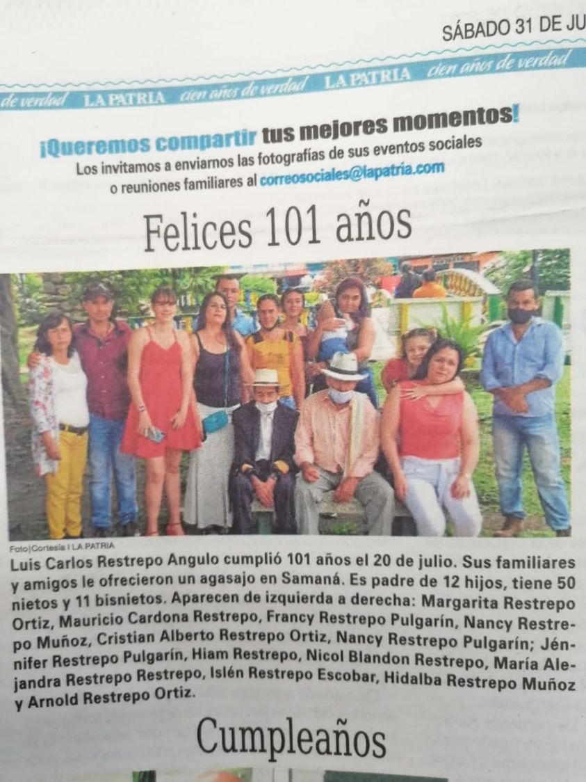 LUIS CARLOS RESTREPO ANGULO CUMPLI� 101 A�OS 