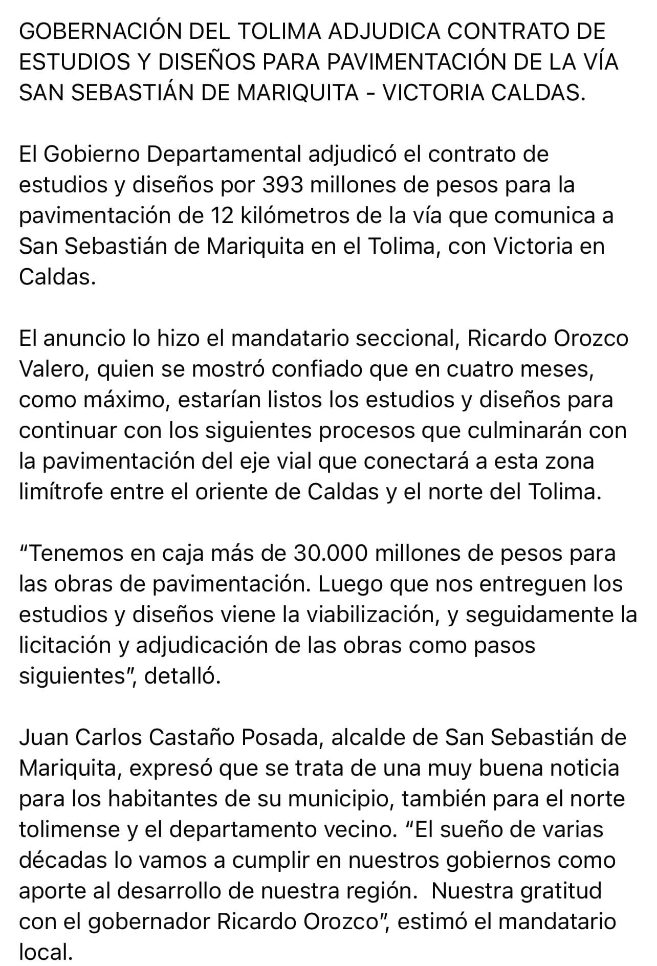 GOBERNACI�N DEL TOLIMA ADJUDICA CONTRATO PARA PAVIMENTAR LA TROCHA MARIQUITA VICTORIA