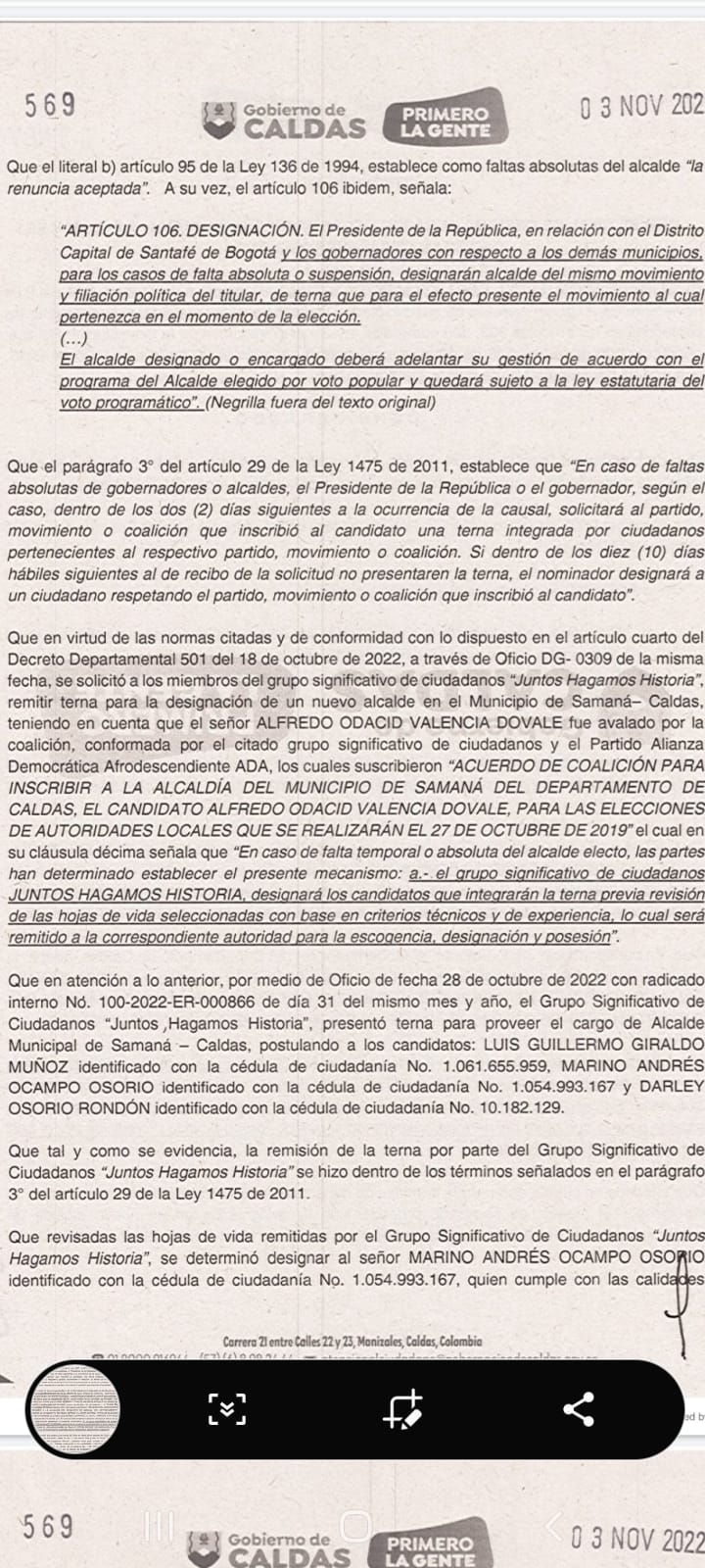 NUEVO ALCALDE NOMBRADO DE SAMANA CALDAS