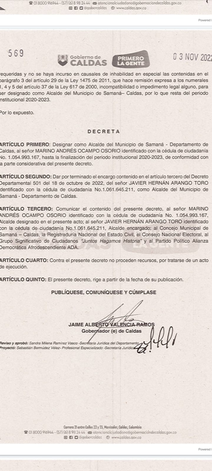NUEVO ALCALDE NOMBRADO DE SAMANA CALDAS