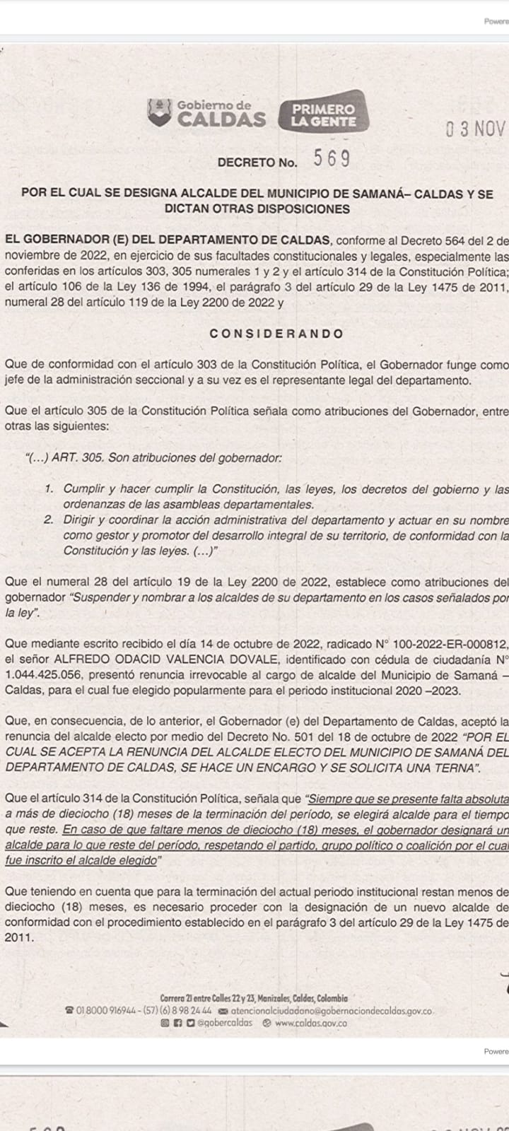 NUEVO ALCALDE NOMBRADO DE SAMANA CALDAS