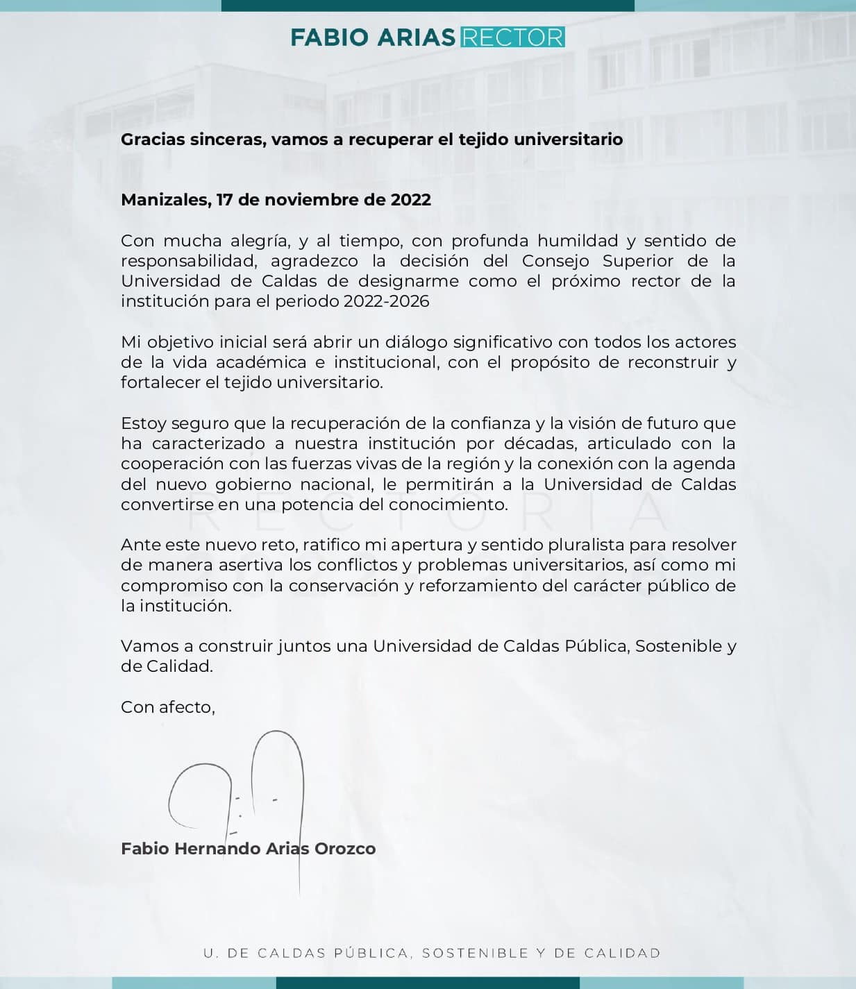 CONSEJO SUPERIOR DESIGNA RECTOR DE LA UNIVERSIDAD DE CALDAS 2022-2026 FABIO ARIAS