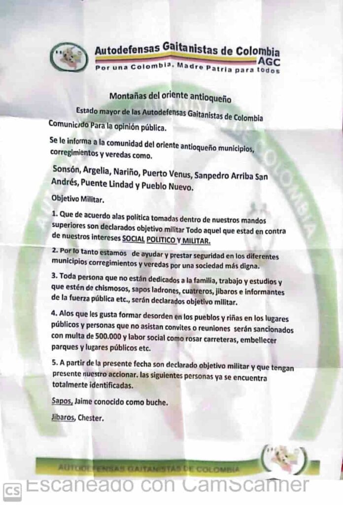 ASESINATO SE RELACIONAR�A CON PANFLETO DE BANDA CRIMINAL QUE AZOTA EN CALDAS Y ANTIOQUIA