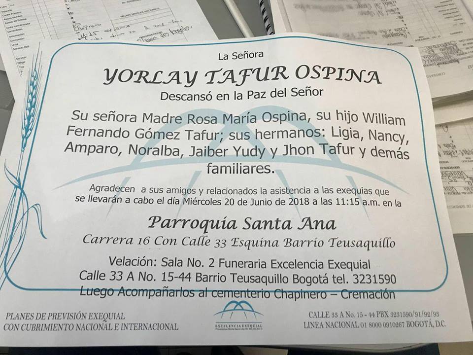 Deceso de: YORLAY TAFUR OSPINA