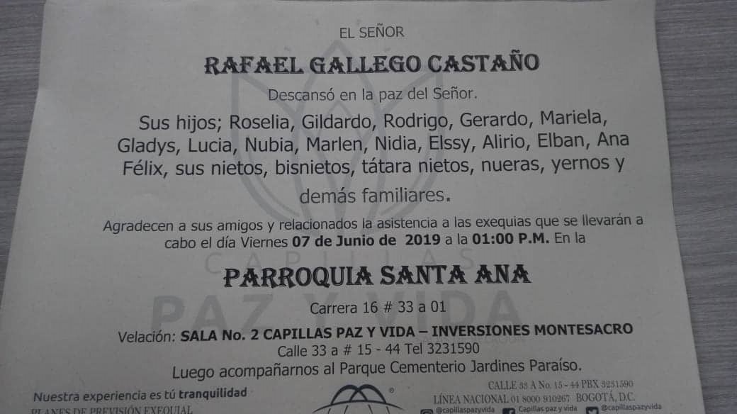Deceso de: RAFAEL GALLEGO CASTA�O