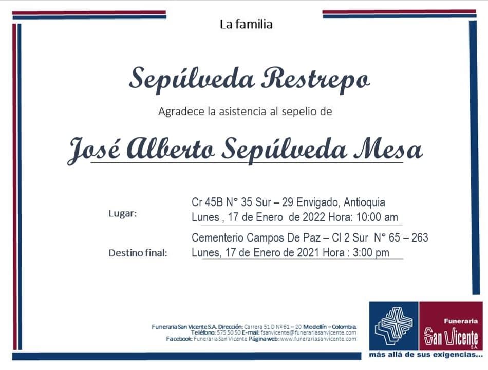 Deceso de: JOS� ALBERTO S�PULVEDA MESA