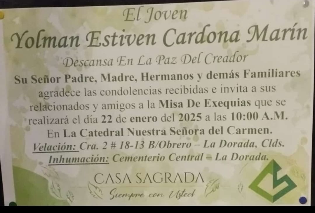 Deceso de: YOLMAN ESTIVEN CARDONA MARIN